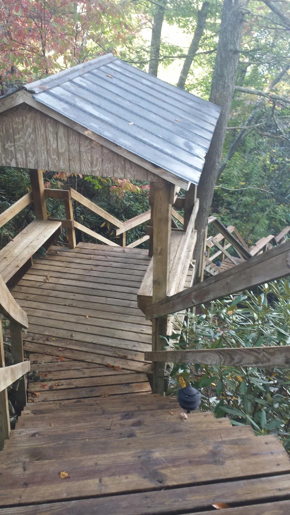 Metal roofed shelter over wooden steps on a wooded walkway — Skylight Repair & Installation work by our crew in Ingomar